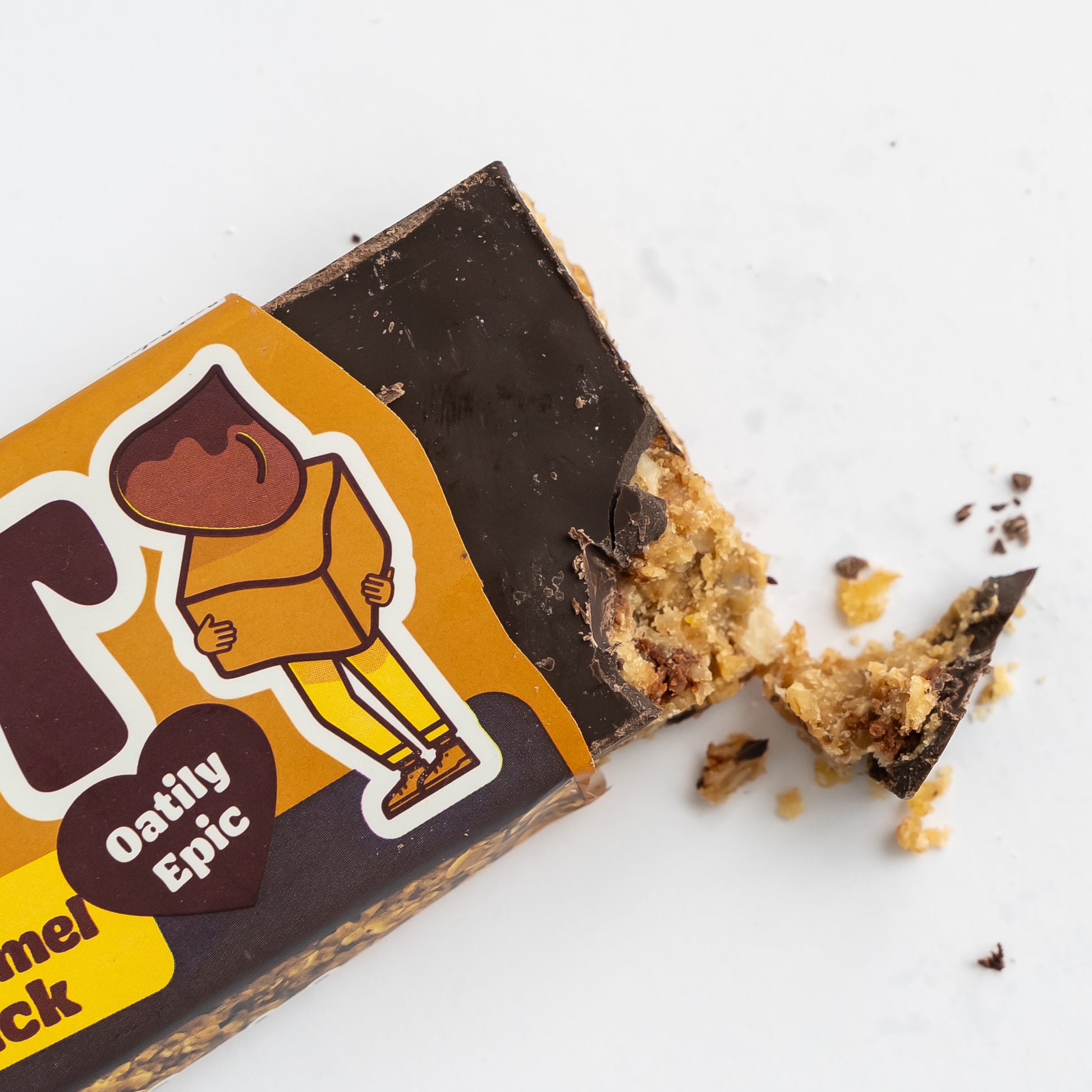 A close up of a half opened Topped Choc Caramel Giant Bar